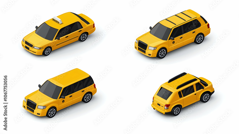 1. The isometric car icons are intricately designed, showcasing a yellow taxi sedan and a minivan against a white backdrop. 1. The isometric car icons are intricately designed, showcasing a yellow taxi sedan and a minivan against a white backdrop.