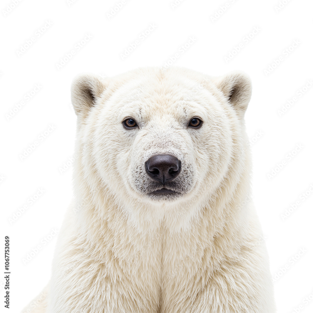 Serene polar bear portrait with gentle eyes on white background Serene polar bear portrait with gentle eyes on white background