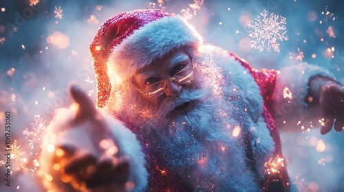 A man dressed as Santa Claus throwing snowflakes in the air.