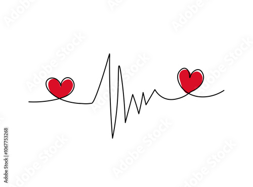 One continuous line drawing of cardiogram of hearts of lovers... Festive line in simple linear style for Valentine's Day. Vector illustration of doodle outlines