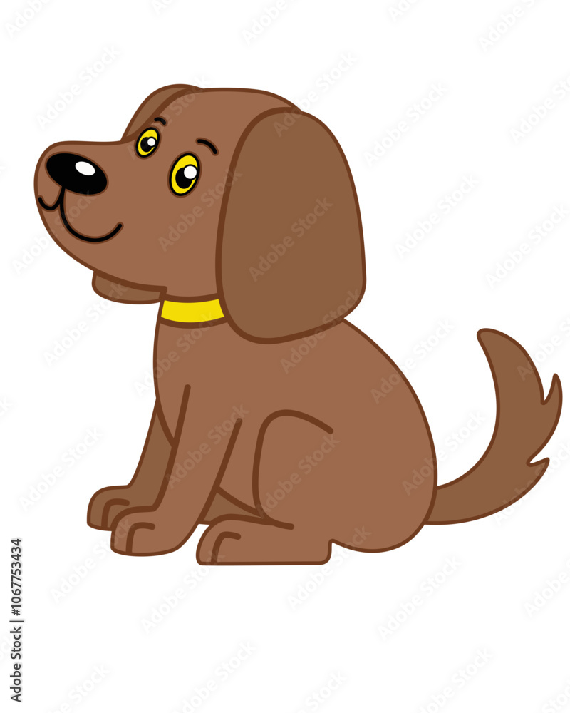 Cute little brown puppy in a collar sits - vector image. Sitting Doggie cute, children's drawing with a pet Cute little brown puppy in a collar sits - vector image. Sitting Doggie cute, children's drawing with a pet