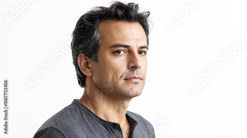 A man in a gray shirt is looking at the camera.