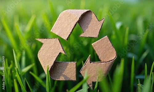Recycling symbol cardboard texture green grass background eco