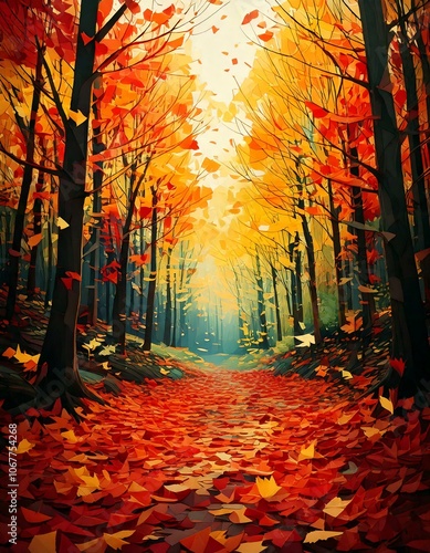 A forest during autumn with the changing colors of leaves falling from the trees.