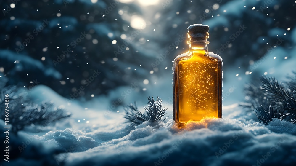An elegant product bottle is set in the snow illuminated by cinematic lighting creating a sophisticated and enchanting atmospher An elegant product bottle is set in the snow illuminated by cinematic lighting creating a sophisticated and enchanting atmospher