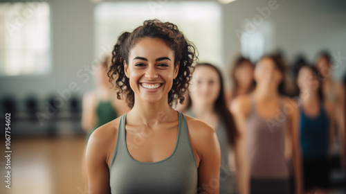 Smiling Woman Leading Group Fitness Class in Gym 