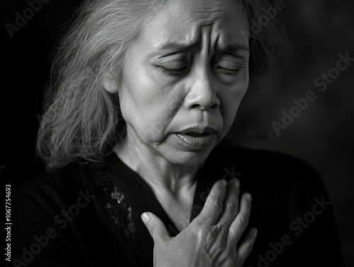 Elderly Woman with Hands on Chest