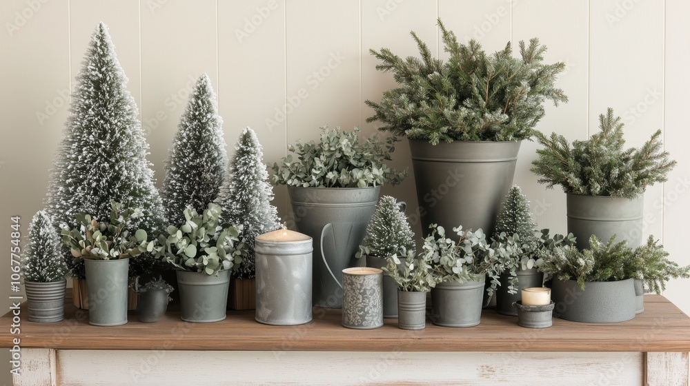 A winter-inspired arrangement with frosted greenery, potted trees, and candles in rustic metal containers. A winter-inspired arrangement with frosted greenery, potted trees, and candles in rustic metal containers.