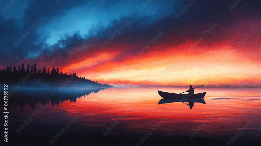 Naklejka premium lone boat drifts on river, silhouetted against vibrant sunset sky. serene scene captures beauty of nature and evokes sense of tranquility and adventure
