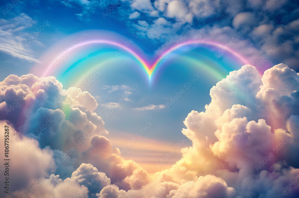A vibrant double rainbow forms a heart shape amid fluffy clouds, creating a dreamy and uplifting atmosphere in a bright sky. A vibrant double rainbow forms a heart shape amid fluffy clouds, creating a dreamy and uplifting atmosphere in a bright sky.