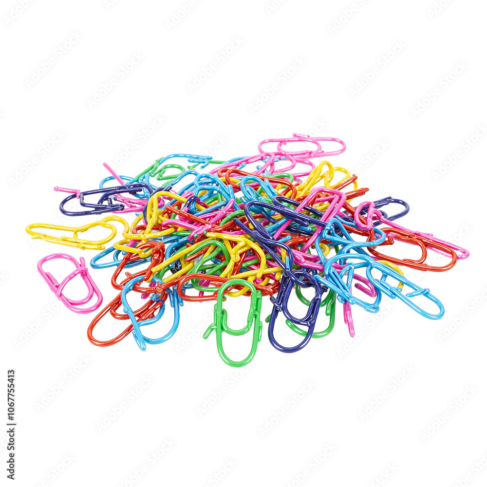 Vibrant multicolored paper clips in playful arrangement on white background Vibrant multicolored paper clips in playful arrangement on white background