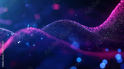 Vibrant abstract waves of light create mesmerizing visual experience, showcasing blend of purple and blue hues with sparkling particles