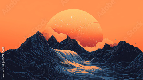 surreal landscape featuring dark mountains and large, glowing sun. scene is enhanced by vibrant colors and abstract shapes, creating dreamlike atmosphere