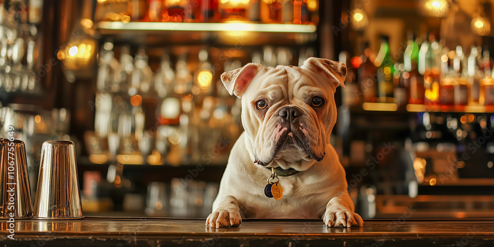 bulldog sitting in a pub on a wooden table with blurred background