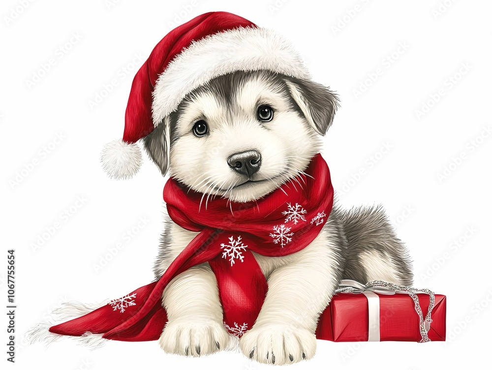 A cute little dog wearing a red scarf and Santa hat, full of Christmas spirit. A cute little dog wearing a red scarf and Santa hat, full of Christmas spirit.
