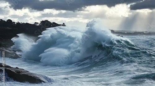 Ocean shore during a storm with towering waves crashing against rocks, under a dark and ominous sky where light pierces clouds, creating a dramatic scene.