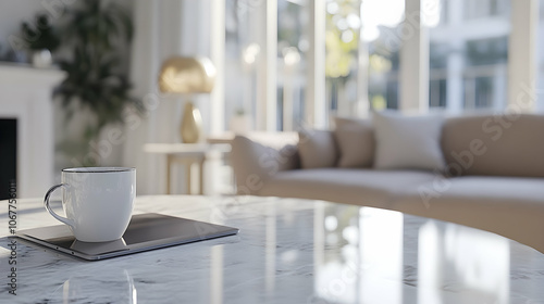 Mockup of a notebook laptop on a marble tabletop with a blurry cozy living room background -