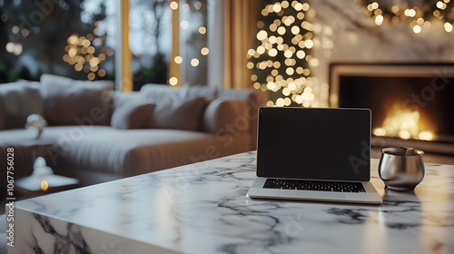 Mockup of a notebook laptop on a marble tabletop with a blurry cozy living room background -