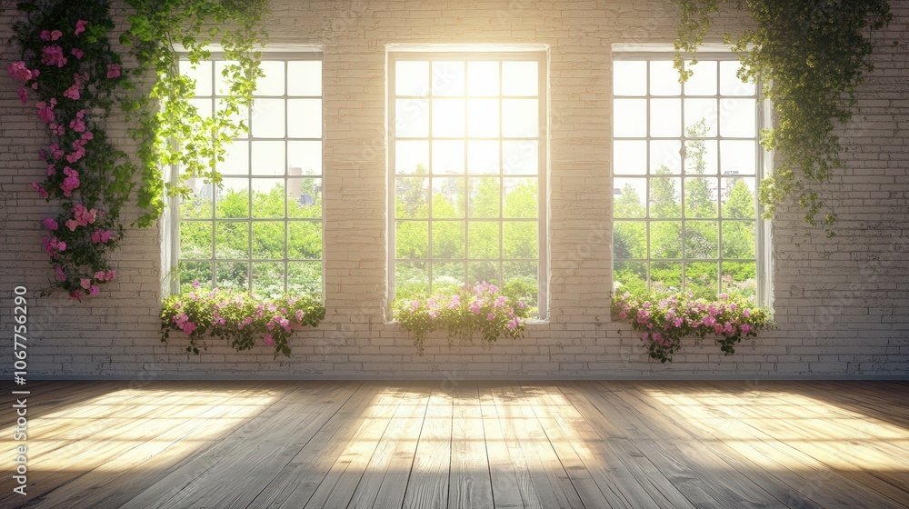 Sunlight pours in through broken windows in an old decrepit room overtaken by plants Sunlight pours in through broken windows in an old decrepit room overtaken by plants