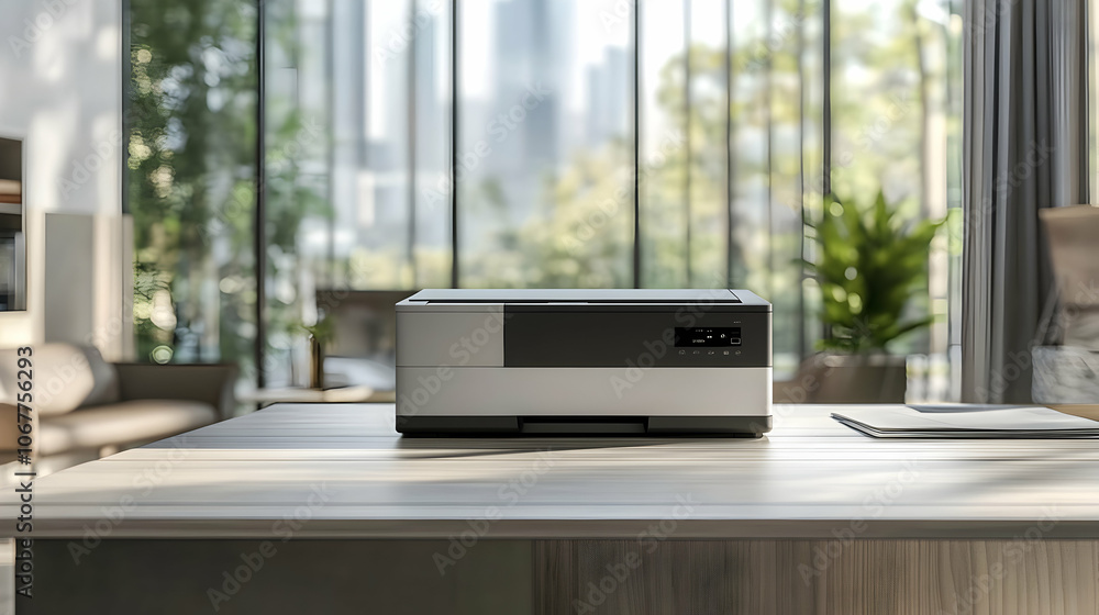 Modern office printer station with clean design, set in a blurred workspace - Modern office printer station with clean design, set in a blurred workspace -