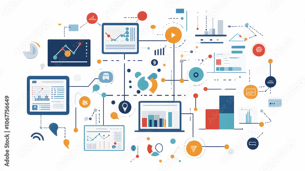 Network diagram showing interconnected business elements like analysis, customer service, teamwork, and technology - Network diagram showing interconnected business elements like analysis, customer service, teamwork, and technology -