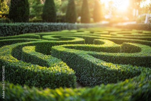 Exploring a complex hedge maze in a formal garden the art of landscape design and intrigue