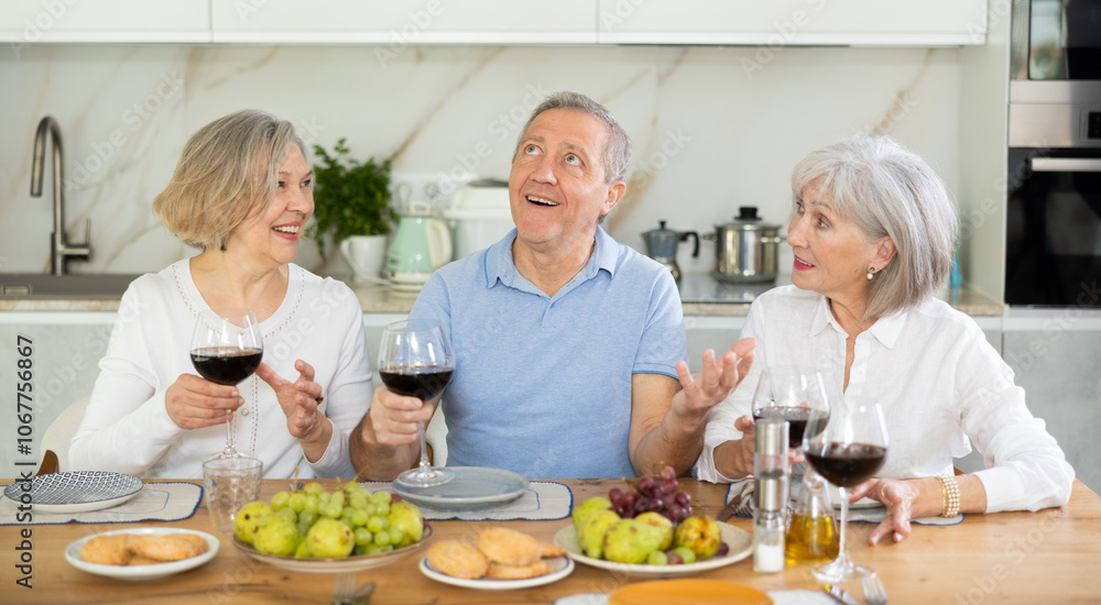 Happy pensioners gathered at the festive table - talking, discussing news and drinking red wine Happy pensioners gathered at the festive table - talking, discussing news and drinking red wine