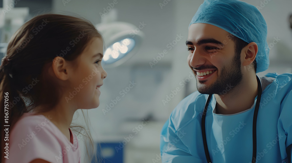 Pediatric surgeon with a comforting smile talking to a young patient, compassion and care - Pediatric surgeon with a comforting smile talking to a young patient, compassion and care -