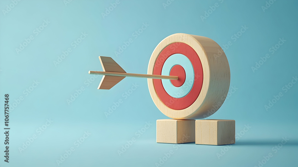 Precision in business strategy illustrated with wooden blocks and a target arrow on a light blue background - Precision in business strategy illustrated with wooden blocks and a target arrow on a light blue background -