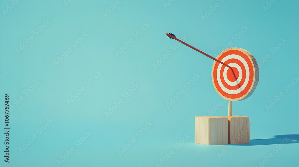 Precision in business strategy illustrated with wooden blocks and a target arrow on a light blue background - Precision in business strategy illustrated with wooden blocks and a target arrow on a light blue background -