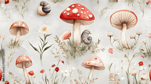 Seamless pattern of watercolor hand-drawn abstract forest mushrooms, flowers, and snails for kidsa?? wallpaper - photo