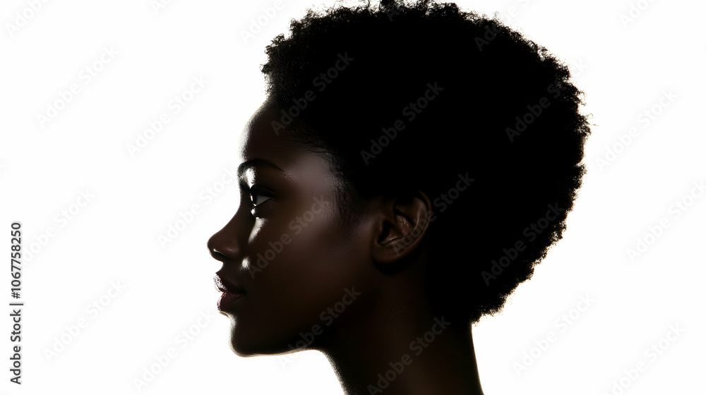 Silhouette portrait of an African American woman against a white studio background - Silhouette portrait of an African American woman against a white studio background -