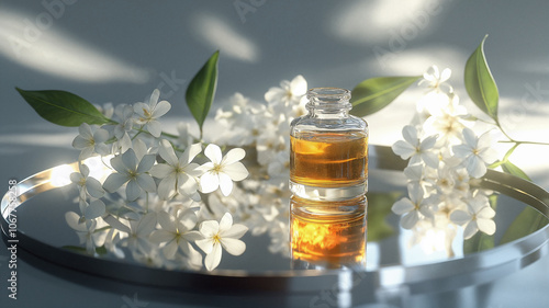 A bottle of aromatherapy essential oil with jasmine flowers photo