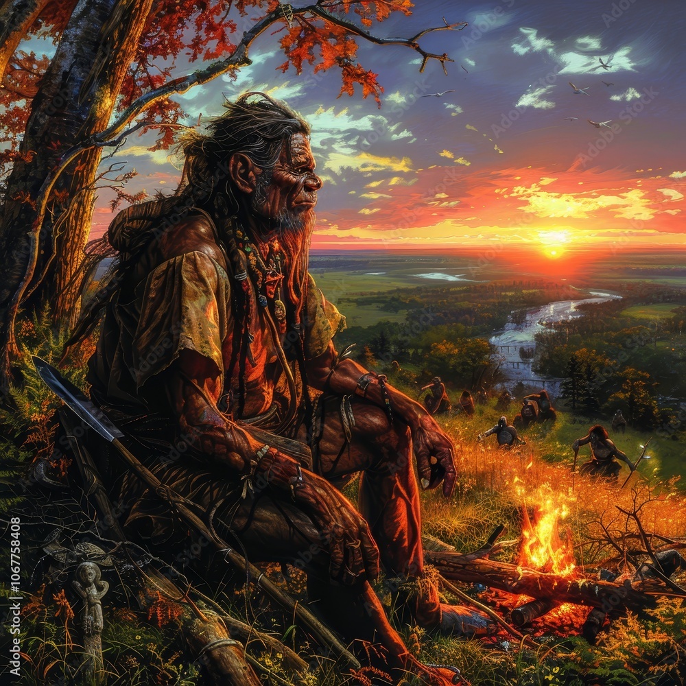 An elder is depicted sitting peacefully beside a campfire, gazing at a vibrant sunset. The breathtaking landscape includes a flowing river, lush greenery, and distant figures engaged in activities. An elder is depicted sitting peacefully beside a campfire, gazing at a vibrant sunset. The breathtaking landscape includes a flowing river, lush greenery, and distant figures engaged in activities.