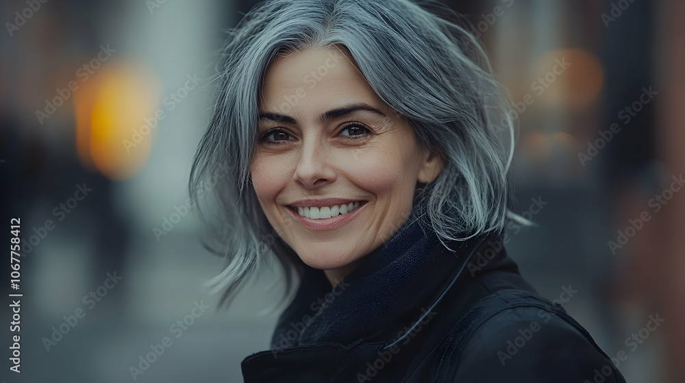 Smiling Woman in Black Jacket: Cheerful woman with gray hair wearing a stylish black jacket. --ar 25:14 - Smiling Woman in Black Jacket: Cheerful woman with gray hair wearing a stylish black jacket. --ar 25:14 -