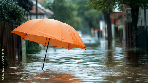 Umbrella protecting a house roof from rain and storms, flood water on streets, home insurance concept -