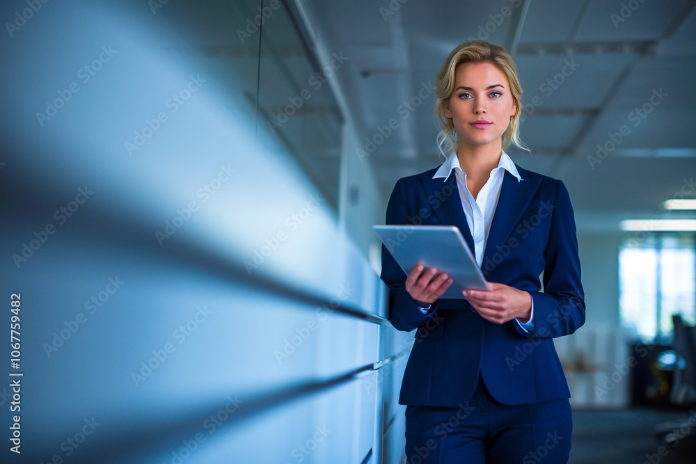 A confident professional businesswoman smiling in a corporate office holding a tablet