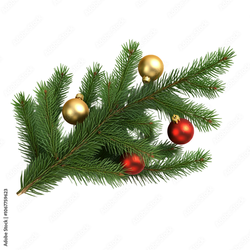 A festive Christmas tree branch decorated with red and gold ornaments, isolated on a transparent background, ideal for holiday decor and seasonal designs A festive Christmas tree branch decorated with red and gold ornaments, isolated on a transparent background, ideal for holiday decor and seasonal designs