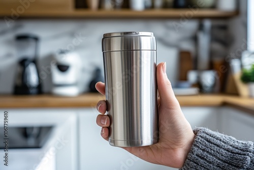 Person gripping a stainless steel travel mug in a bright and inviting kitchen setting photo