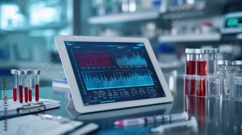 High-detail medical tablet screen displaying blood test metrics like hemoglobin and creatinine levels, set in a professional clinical workspace with syringes and clipboard. photo