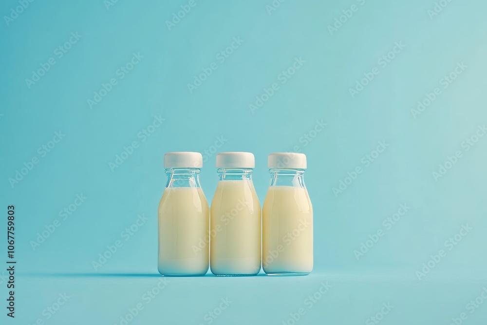 Captivating image of baby bottles filled with milk against a soft pastel blue backdrop Captivating image of baby bottles filled with milk against a soft pastel blue backdrop