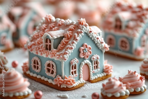 Gingerbread houses decorated with pink and white icing, close-up on a pastel background