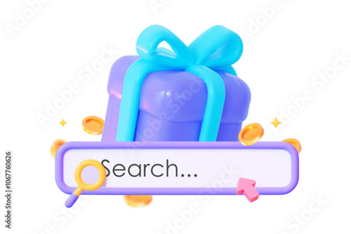 3D Gift Box with Search Bar and Coins. Suitable for gift searches and holiday discounts. Vector illustration.
