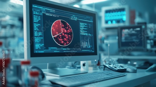 Detailed computer screen displaying blood component analysis with pie chart and medical statistics, set in a clinical environment with equipment like a blood pressure cuff and thermometer.