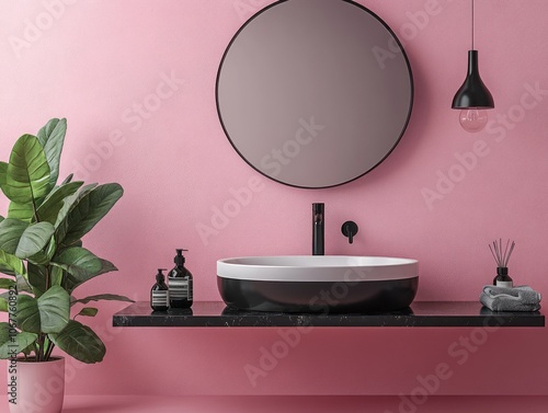 Modern Bathroom Interior with Pink Wall, Black Sink and Round Mirror photo