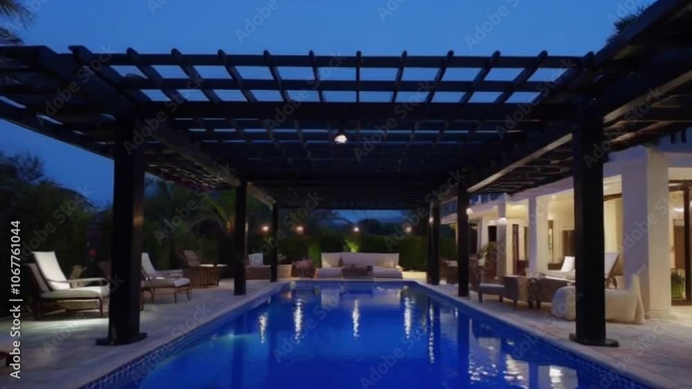 Elegant poolside with a black pergola, evening ambiance enhanced by plush seating and soft lighting. Elegant poolside with a black pergola, evening ambiance enhanced by plush seating and soft lighting.