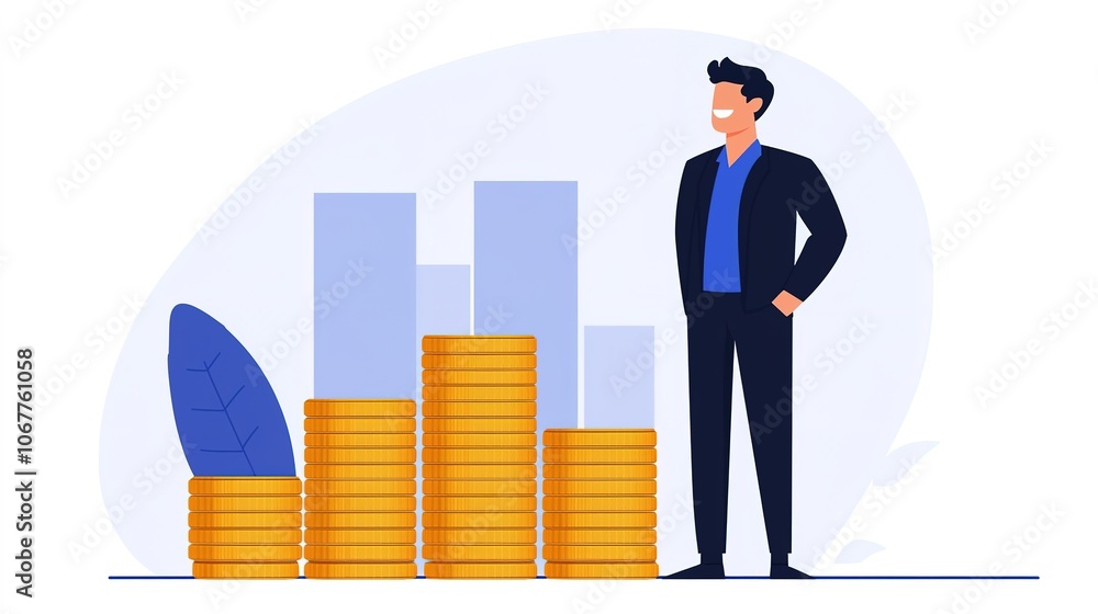 A professional man stands beside rising stacks of gold coins, symbolizing growth and financial success in a modern, minimalist design. A professional man stands beside rising stacks of gold coins, symbolizing growth and financial success in a modern, minimalist design.