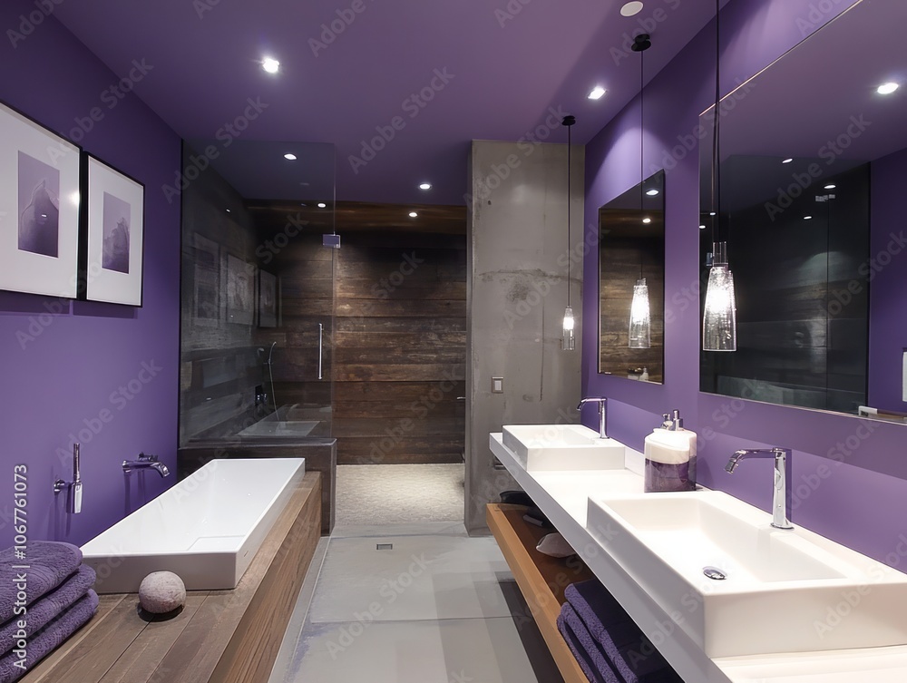 Modern Purple Bathroom with Double Sinks and Glass Shower Modern Purple Bathroom with Double Sinks and Glass Shower