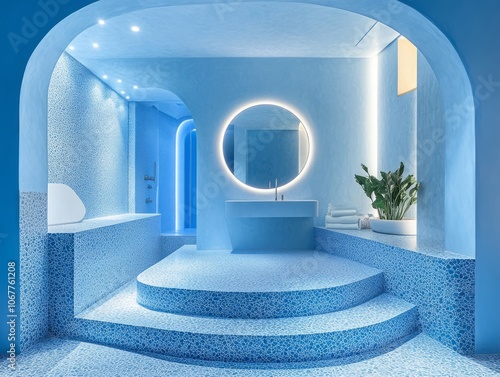 Modern Bathroom Interior with Blue Tiled Walls and Circular Mirror photo