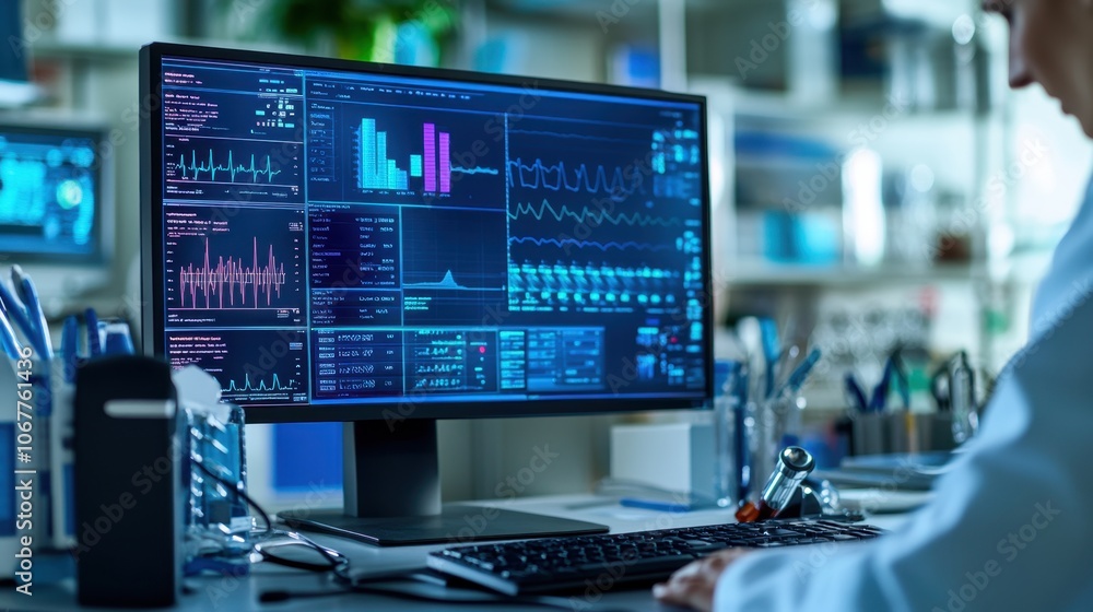 Medical workstation with healthcare professional analyzing blood analysis on screen, showing detailed graphs and charts. Stethoscope and medical instruments add realism to clinical setup. Medical workstation with healthcare professional analyzing blood analysis on screen, showing detailed graphs and charts. Stethoscope and medical instruments add realism to clinical setup.